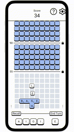 Gameplay of Word Ascend. Letters are dragged onto the board to make words and after each word the bottom row of the board is removed.